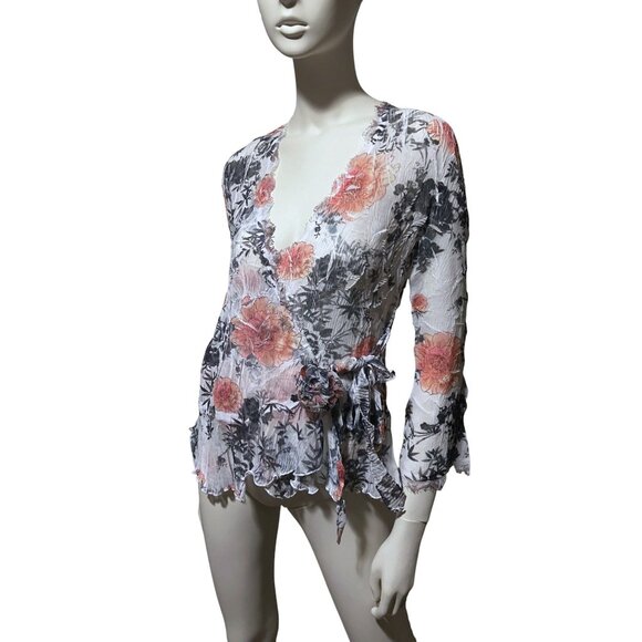 Y2K Cache Wrap Top M Crepe Lace Distressed Sheer Crinkle Fairy Grunge Whimsygoth - Picture 2 of 7